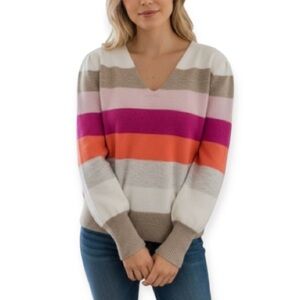 LOFT Women's Striped Relaxed V-Neck
Sweater Pullover Size Small | Boho Preppy
